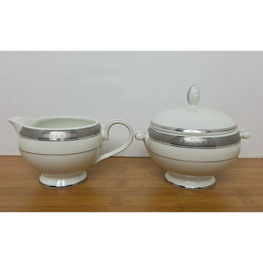 Mikasa Fine China Palatial Platinum Creamer & Sugar Bowl‎ L3235 White & Silver